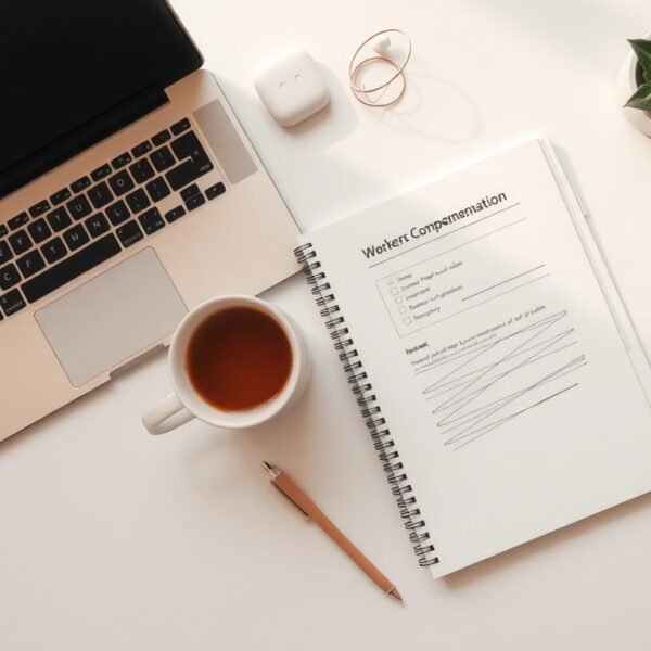 산재보험 - flat lay of workers compensation insurance documents and pen on white desk,산재보험 concept
