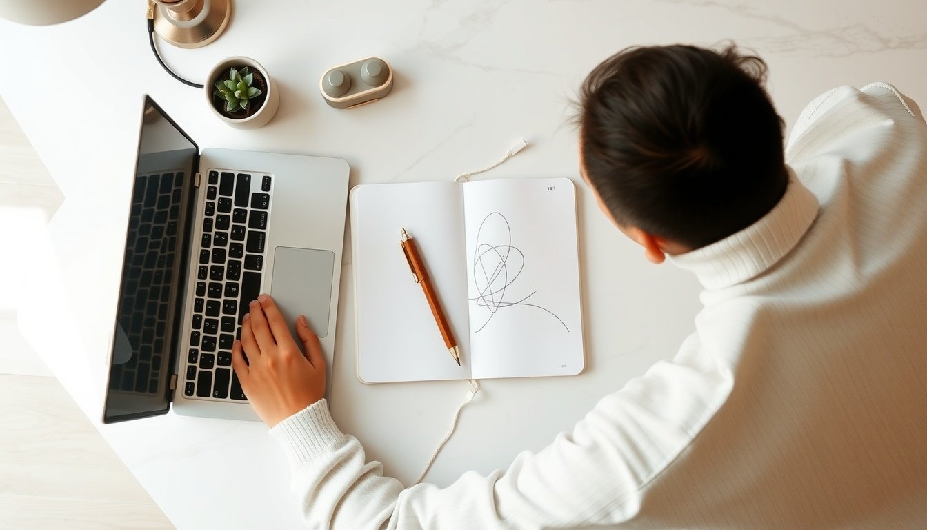 AI 이미지 생성 - Korean male digital nomad upper body shot with face visible, using AI image generation tool on desktop computer in home office, natural hands, focused expression, soft lighting