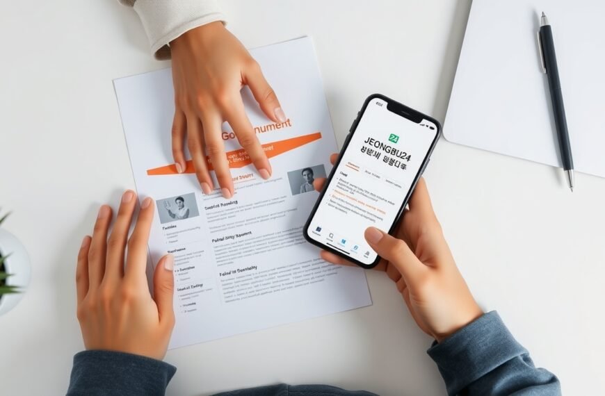 정부24 - flat lay of Korean government document and smartphone showing Jeongbu24 website, policy support concept, overhead view
