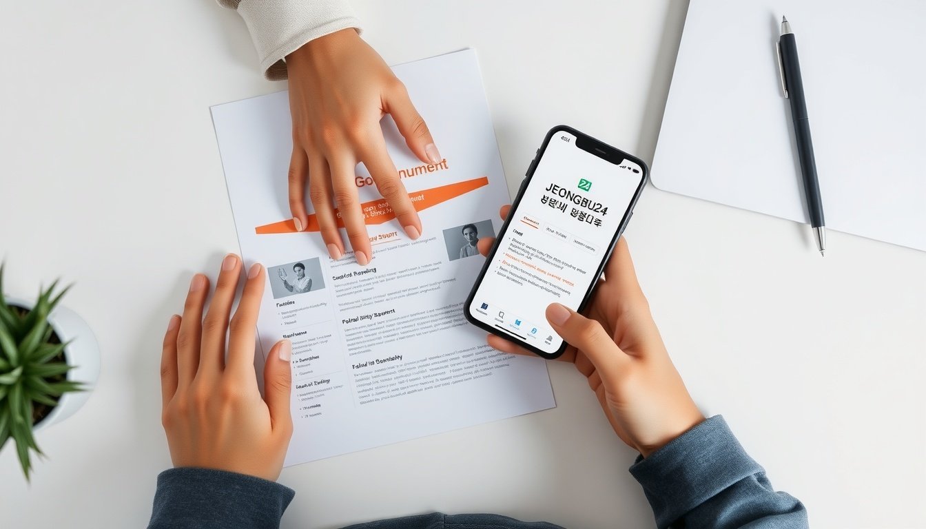 정부24 - flat lay of Korean government document and smartphone showing Jeongbu24 website, policy support concept, overhead view