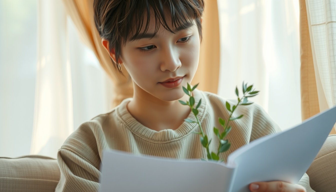 청년 지원금 - Korean young adult upper body shot with face visible, reviewing documents at a desk with natural hands, youth support fund application concept