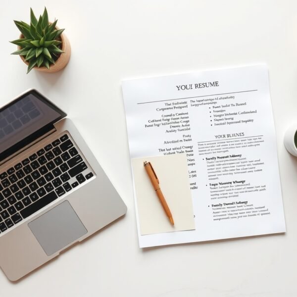 국민취업지원제도 - flat lay of employment support documents, resume, and laptop on white desk, national employment support program concept