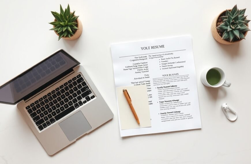 국민취업지원제도 - flat lay of employment support documents, resume, and laptop on white desk, national employment support program concept