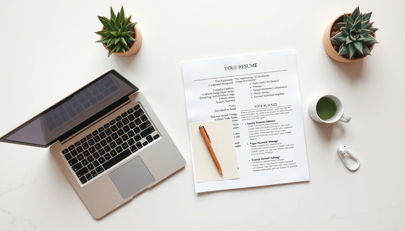 국민취업지원제도 - flat lay of employment support documents, resume, and laptop on white desk, national employment support program concept