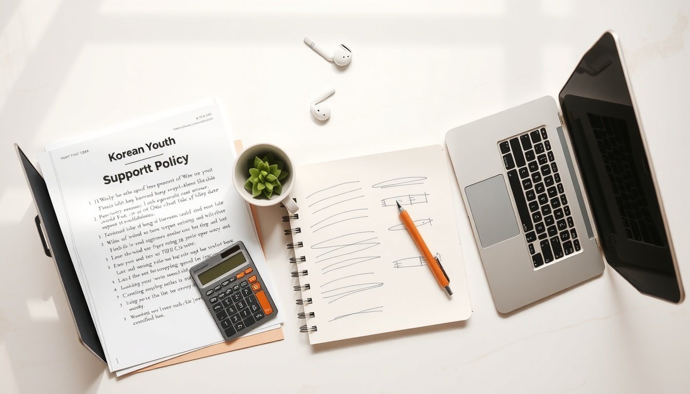 청년 지원금 - flat lay of Korean youth support policy documents, calculator, and pen on clean white desk, government support fund 2026 concept