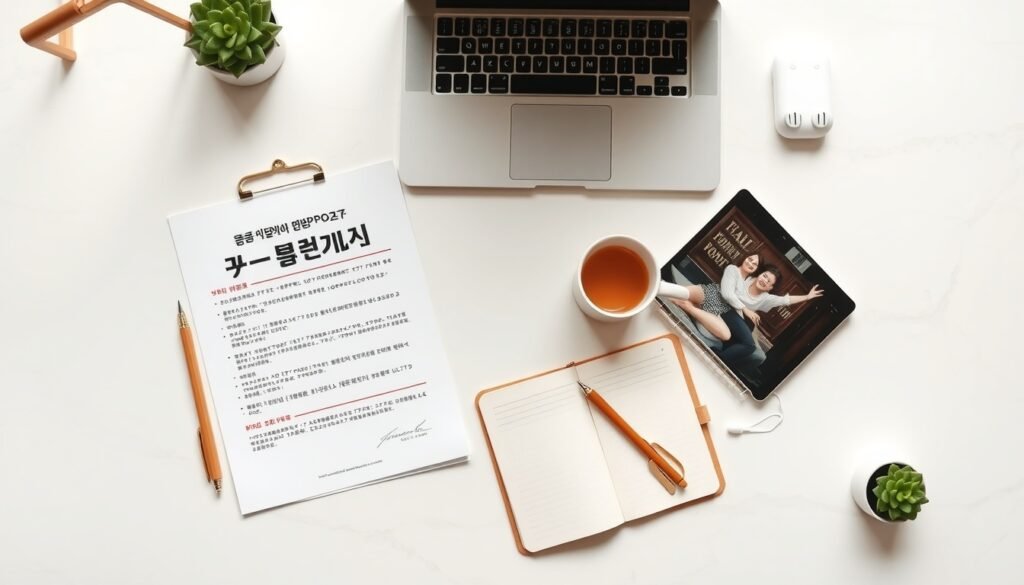 자녀장려금 - flat lay of Korean government support document and family photo on white desk, child tax credit concept