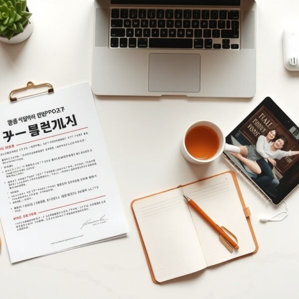자녀장려금 - flat lay of Korean government support document and family photo on white desk, child tax credit concept