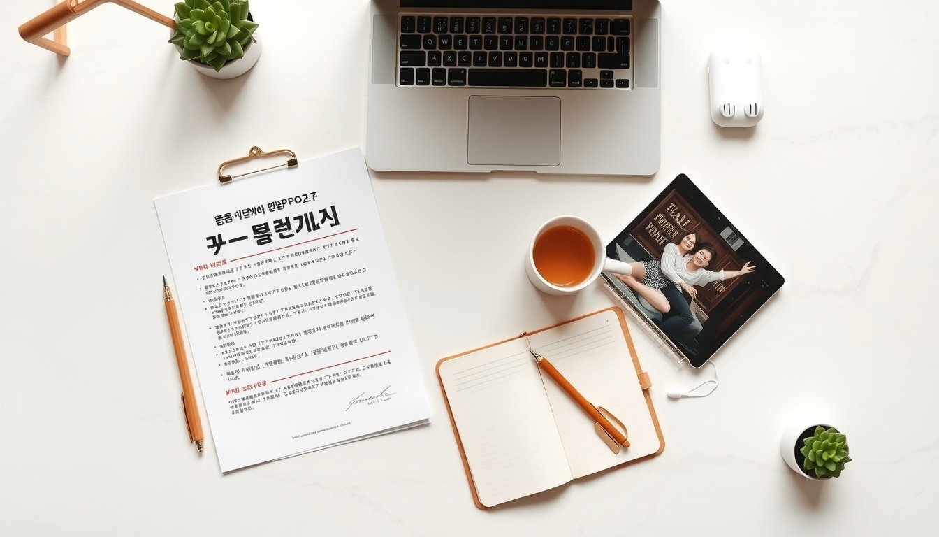 자녀장려금 - flat lay of Korean government support document and family photo on white desk, child tax credit concept