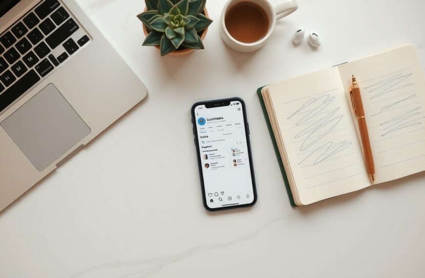 SNS 광고 - flat lay of smartphone showing social media ads dashboard with notebook and coffee on white desk, SNS advertising strategy concept