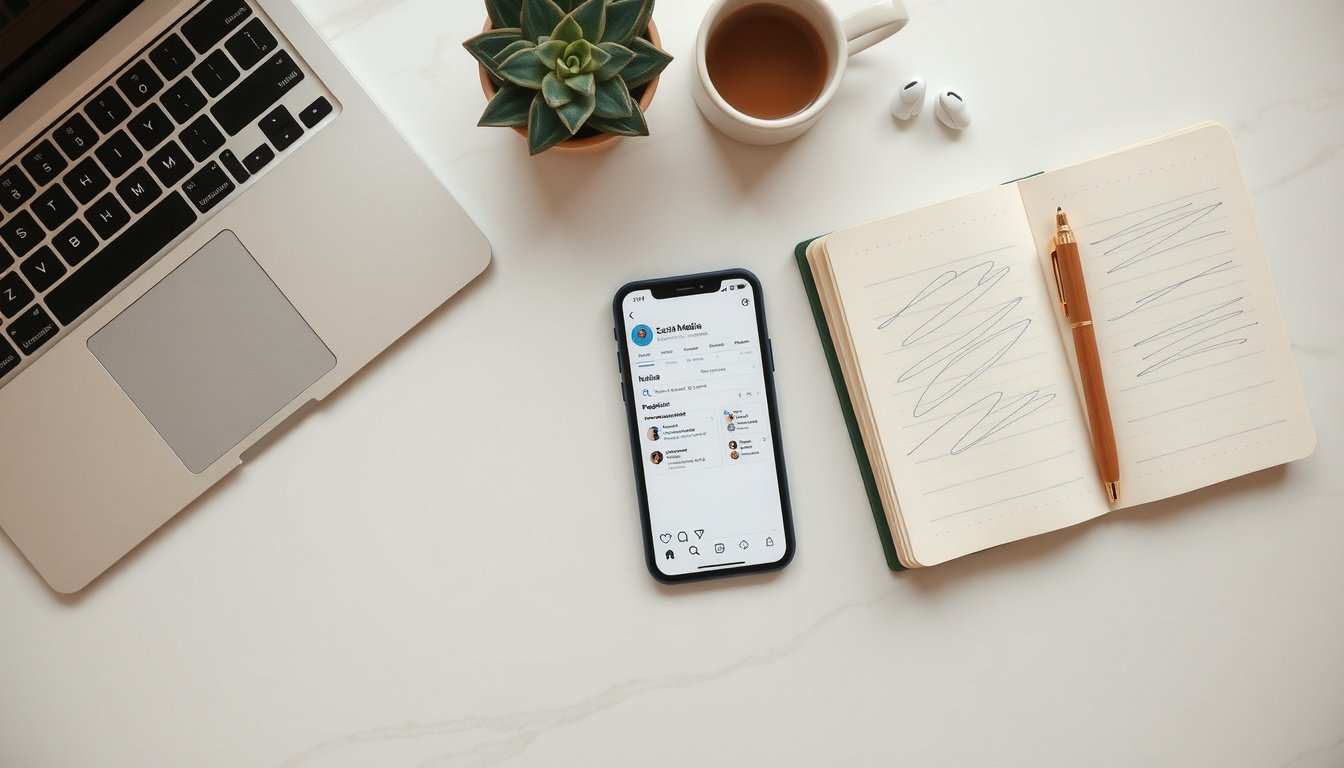 SNS 광고 - flat lay of smartphone showing social media ads dashboard with notebook and coffee on white desk, SNS advertising strategy concept