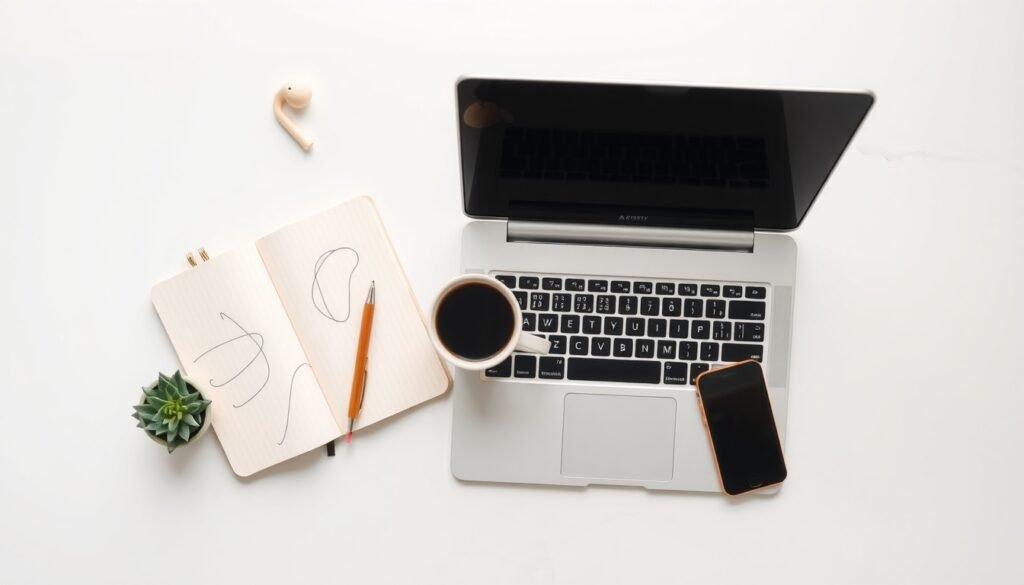 재택근무 부업 - flat lay of laptop, notebook, coffee cup and smartphone on white desk, remote work side hustle concept