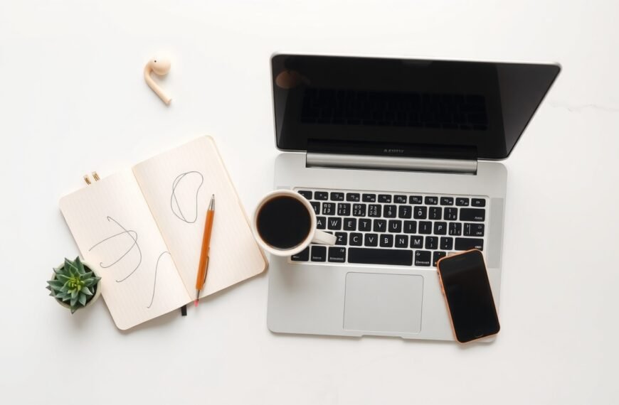 재택근무 부업 - flat lay of laptop, notebook, coffee cup and smartphone on white desk, remote work side hustle concept