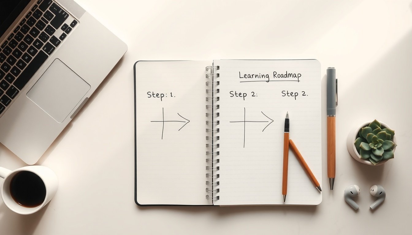 파이썬 강좌 - three-step learning roadmap diagram for Python programming course, flat lay style with icons and arrows on white background
