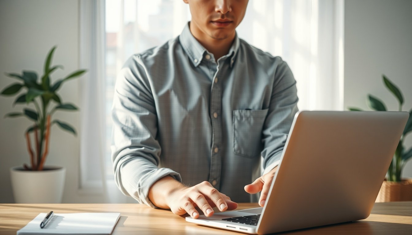 N잡러 - Korean man upper body shot with face visible, working on laptop at home desk, N-jobber multiple income streams concept, natural hands