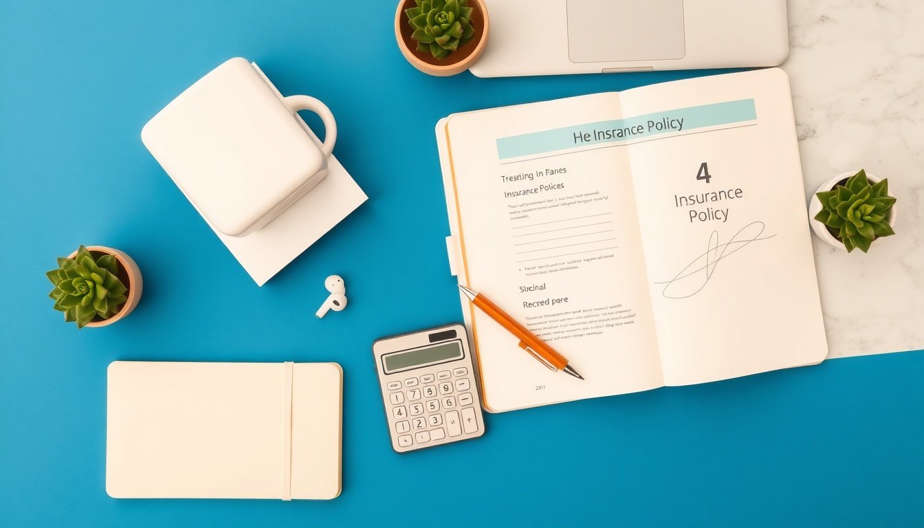 4대보험 - flat lay of Korean 4대보험 insurance policy brochures and calculator on blue background, government support program concept, overhead view