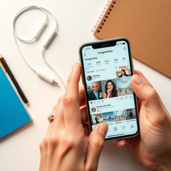 인스타 릴스 - flat lay of smartphone showing Instagram Reels interface on white desk with earphones and notebook, Instagram Reels algorithm concept