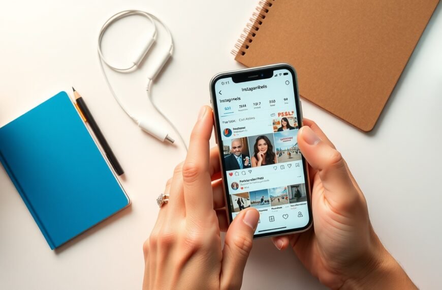 인스타 릴스 - flat lay of smartphone showing Instagram Reels interface on white desk with earphones and notebook, Instagram Reels algorithm concept