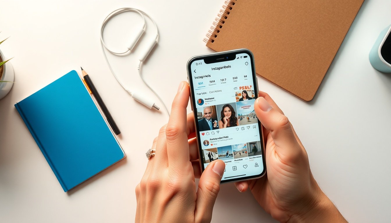 인스타 릴스 - flat lay of smartphone showing Instagram Reels interface on white desk with earphones and notebook, Instagram Reels algorithm concept