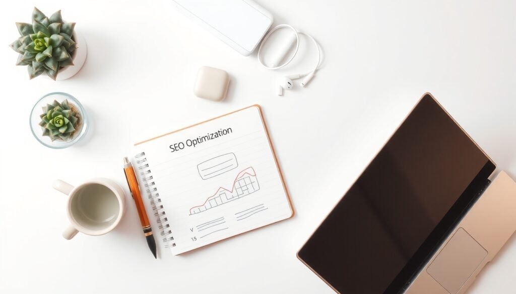 SEO 최적화 방법 - flat lay of laptop and notebook with SEO optimization strategy diagram on white desk, overhead view