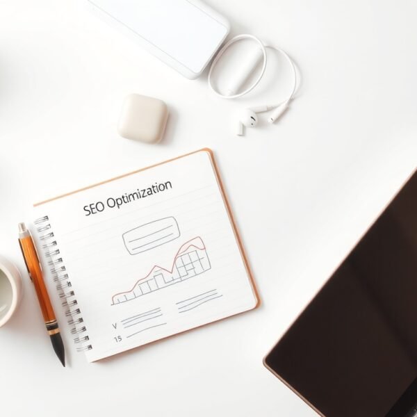 SEO 최적화 방법 - flat lay of laptop and notebook with SEO optimization strategy diagram on white desk, overhead view