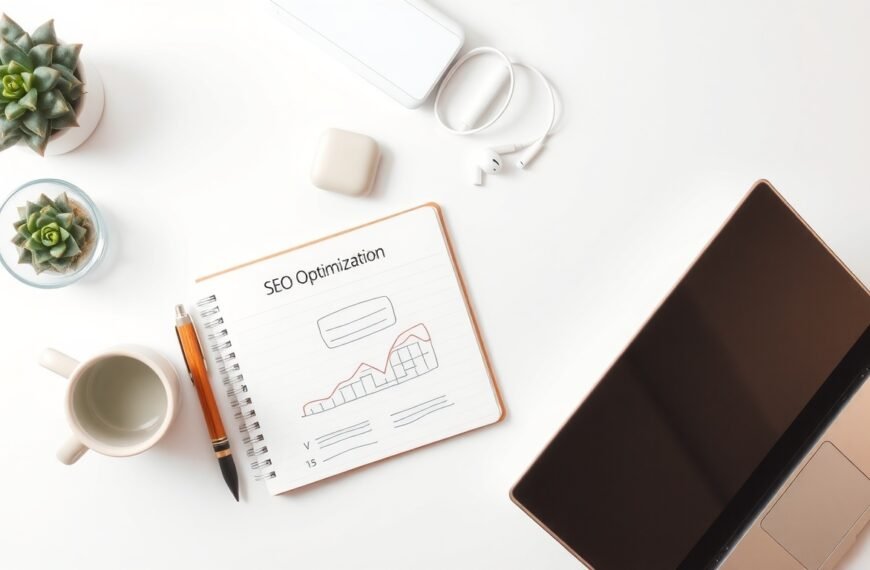 SEO 최적화 방법 - flat lay of laptop and notebook with SEO optimization strategy diagram on white desk, overhead view