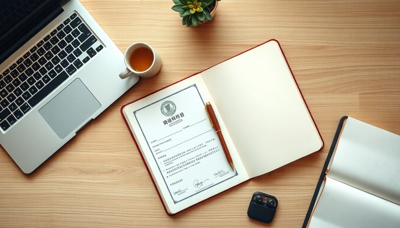 사업자 등록 - flat lay of Korean business registration certificate, pen and calculator on wooden desk, business startup concept