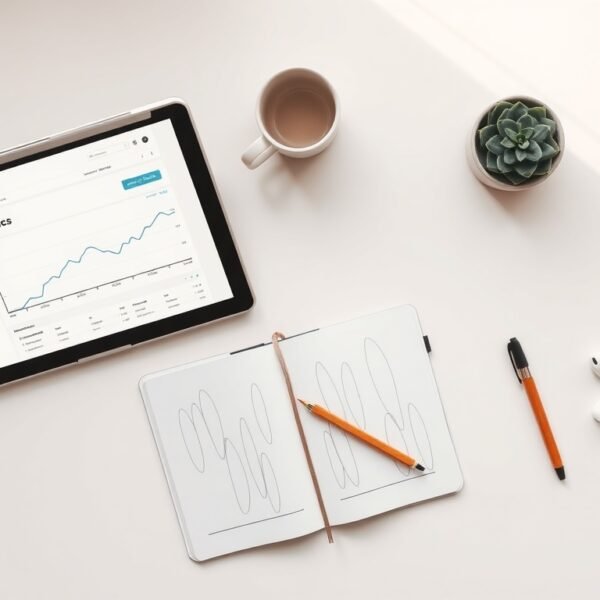 워드프레스 SEO - flat lay of laptop showing WordPress dashboard with SEO analytics chart on white desk, wordpress SEO strategy concept