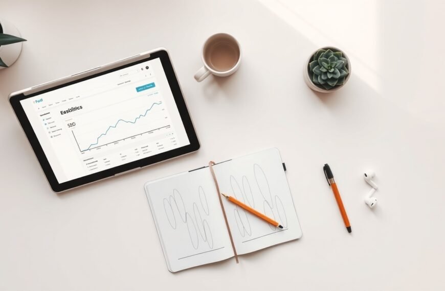 워드프레스 SEO - flat lay of laptop showing WordPress dashboard with SEO analytics chart on white desk, wordpress SEO strategy concept