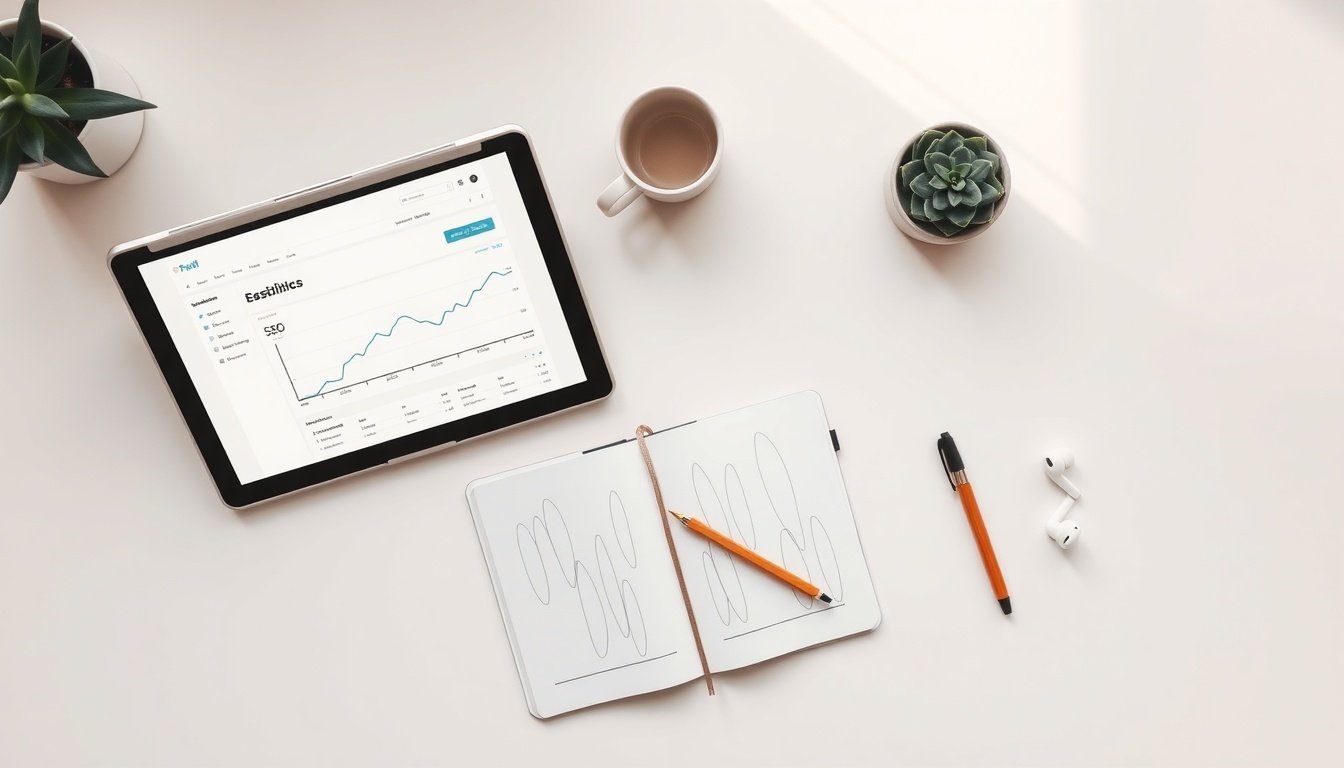 워드프레스 SEO - flat lay of laptop showing WordPress dashboard with SEO analytics chart on white desk, wordpress SEO strategy concept