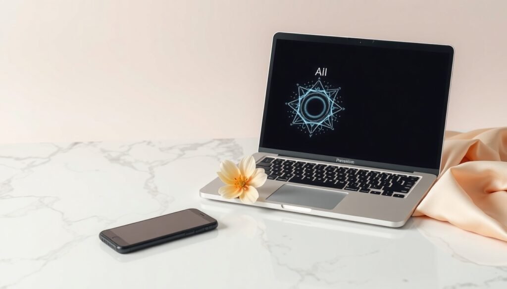 생성형 AI - flat lay of laptop and smartphone showing generative AI interface on screen, modern workspace with white desk and minimal design