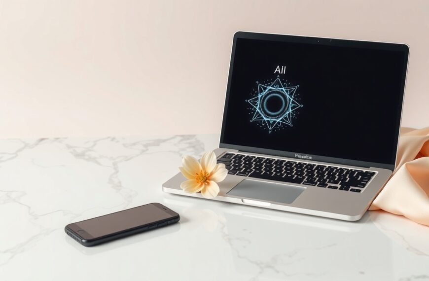 생성형 AI - flat lay of laptop and smartphone showing generative AI interface on screen, modern workspace with white desk and minimal design