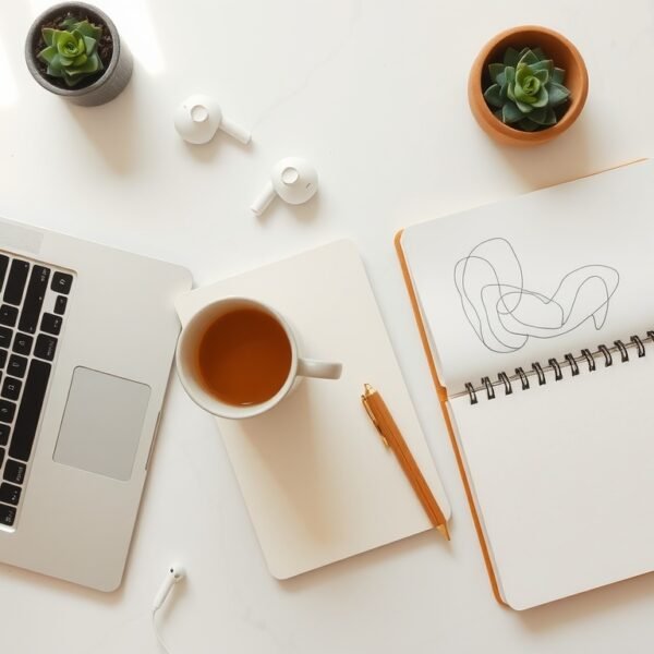 블로그 수익화 - flat lay of laptop, notebook, and coffee cup on white desk, blog monetization strategy concept