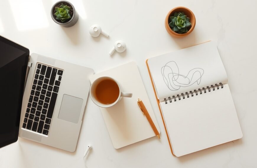 블로그 수익화 - flat lay of laptop, notebook, and coffee cup on white desk, blog monetization strategy concept
