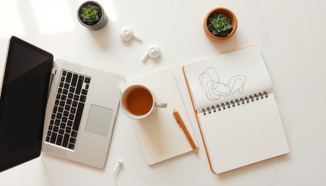 블로그 수익화 - flat lay of laptop, notebook, and coffee cup on white desk, blog monetization strategy concept