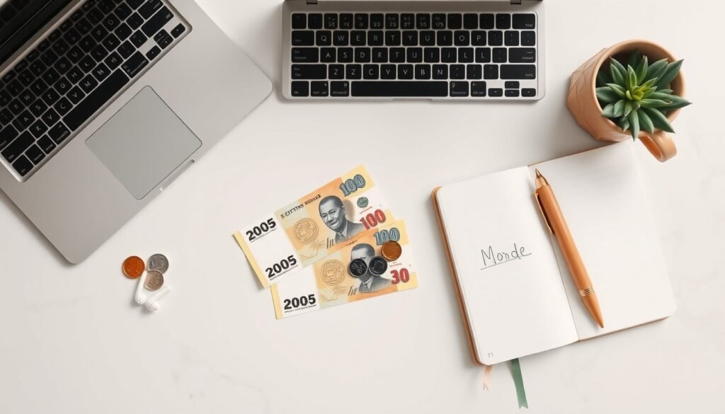최저시급 - flat lay of South Korean won banknotes and coins on white desk, minimum wage concept, overhead view