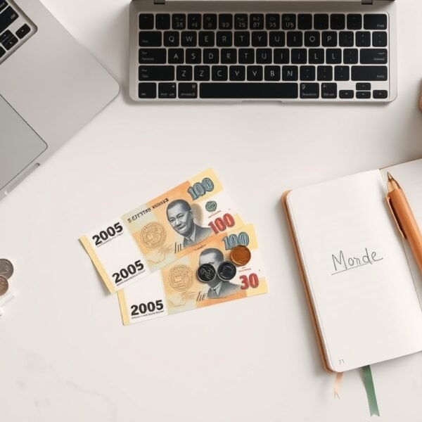 최저시급 - flat lay of South Korean won banknotes and coins on white desk, minimum wage concept, overhead view