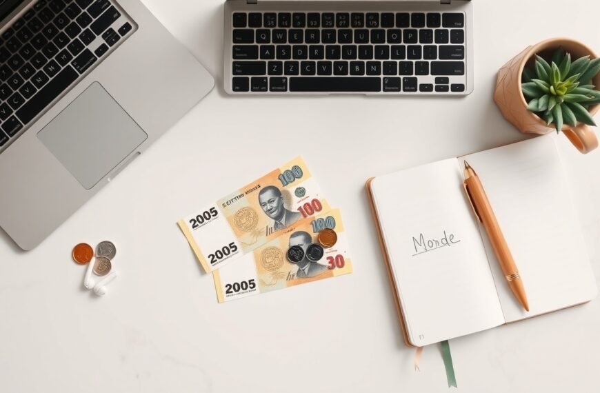최저시급 - flat lay of South Korean won banknotes and coins on white desk, minimum wage concept, overhead view