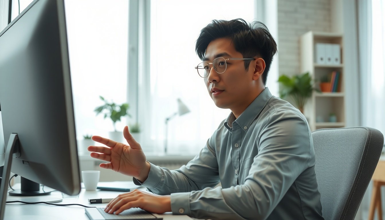 정부24 - Korean person upper body shot with face visible, checking government support application on desktop computer at home, natural hands