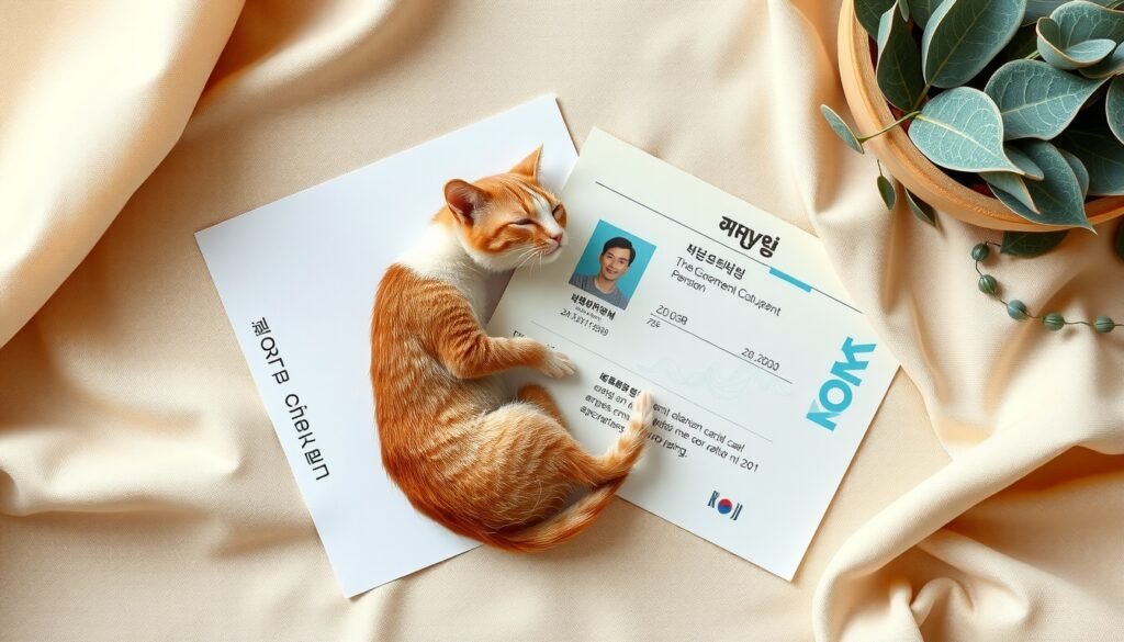 기초연금 - flat lay of Korean government pension documents and senior citizen ID card on white desk, basic pension application concept