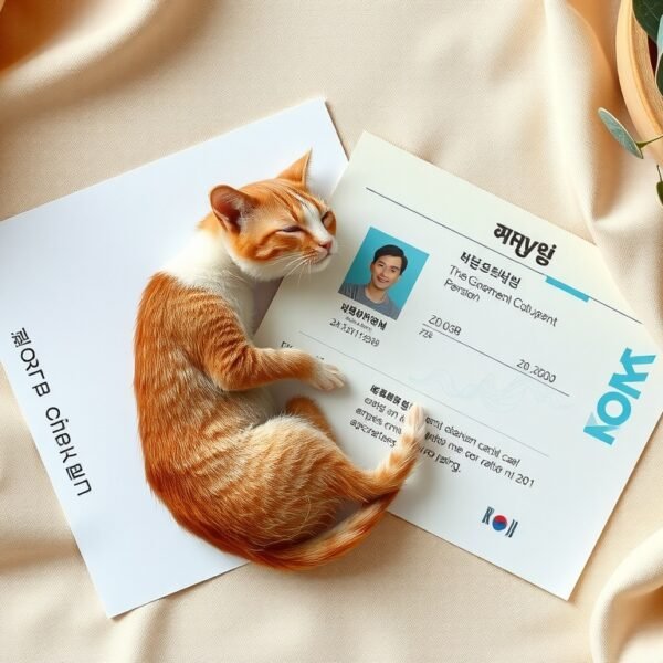 기초연금 - flat lay of Korean government pension documents and senior citizen ID card on white desk, basic pension application concept