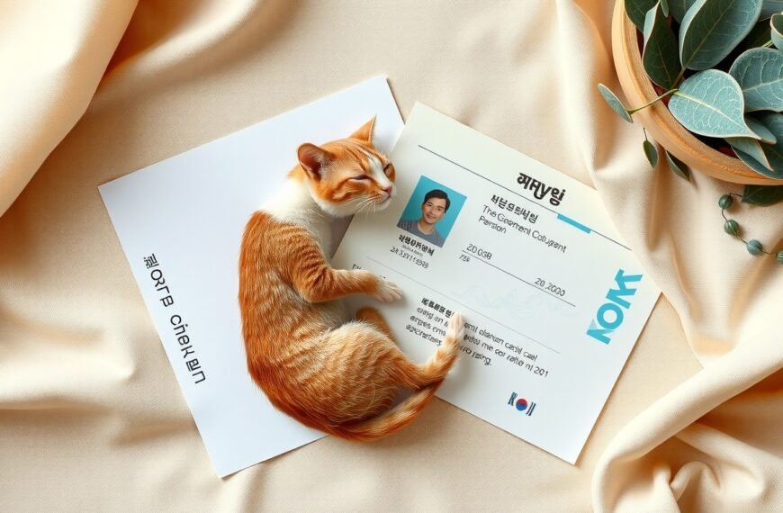 기초연금 - flat lay of Korean government pension documents and senior citizen ID card on white desk, basic pension application concept