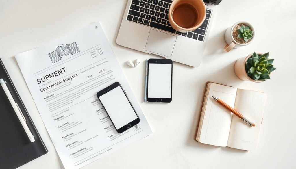 청년 지원금 - flat lay of Korean government support document, smartphone, and notebook on white desk, youth support fund concept