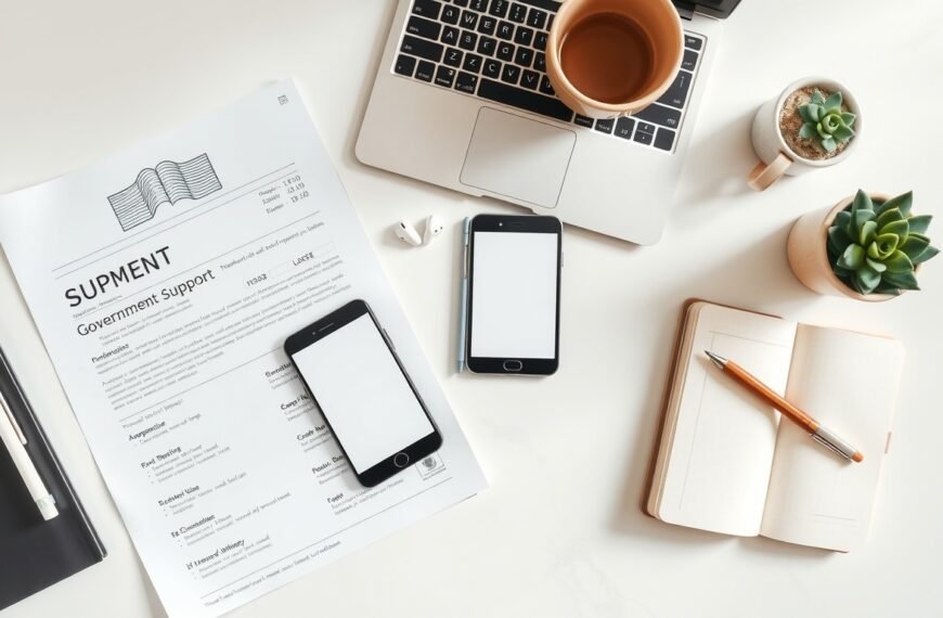 청년 지원금 - flat lay of Korean government support document, smartphone, and notebook on white desk, youth support fund concept