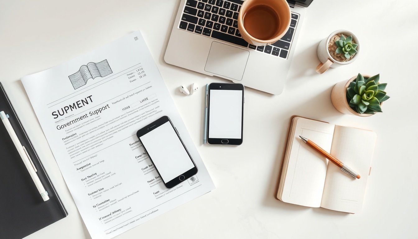 청년 지원금 - flat lay of Korean government support document, smartphone, and notebook on white desk, youth support fund concept