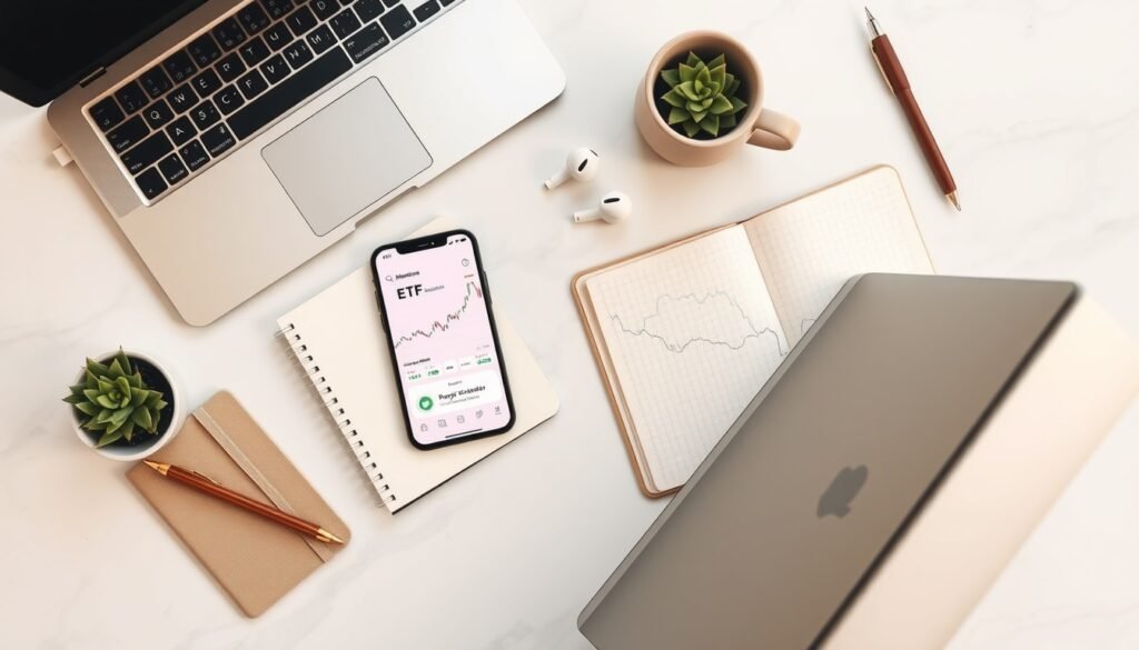ETF 투자 - flat lay of smartphone showing ETF investment app, notebook with financial charts, and pen on white desk, ETF investment concept 2026