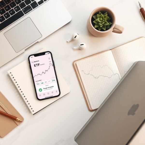 ETF 투자 - flat lay of smartphone showing ETF investment app, notebook with financial charts, and pen on white desk, ETF investment concept 2026
