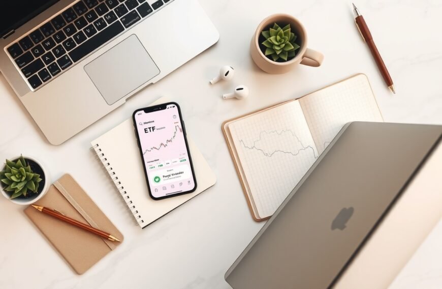 ETF 투자 - flat lay of smartphone showing ETF investment app, notebook with financial charts, and pen on white desk, ETF investment concept 2026