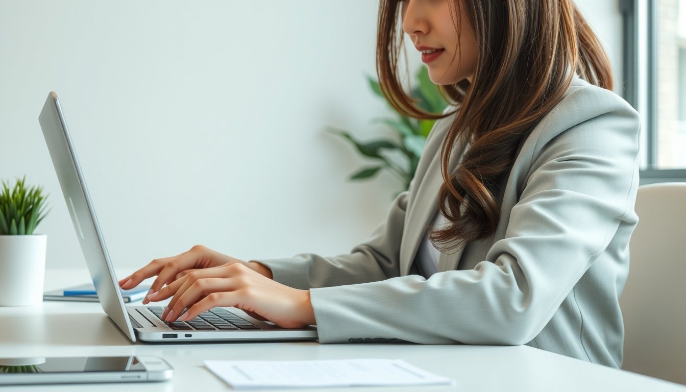 AI 번역 - Korean professional woman upper body shot with face visible, reviewing AI translation results on laptop screen at office desk, natural hands