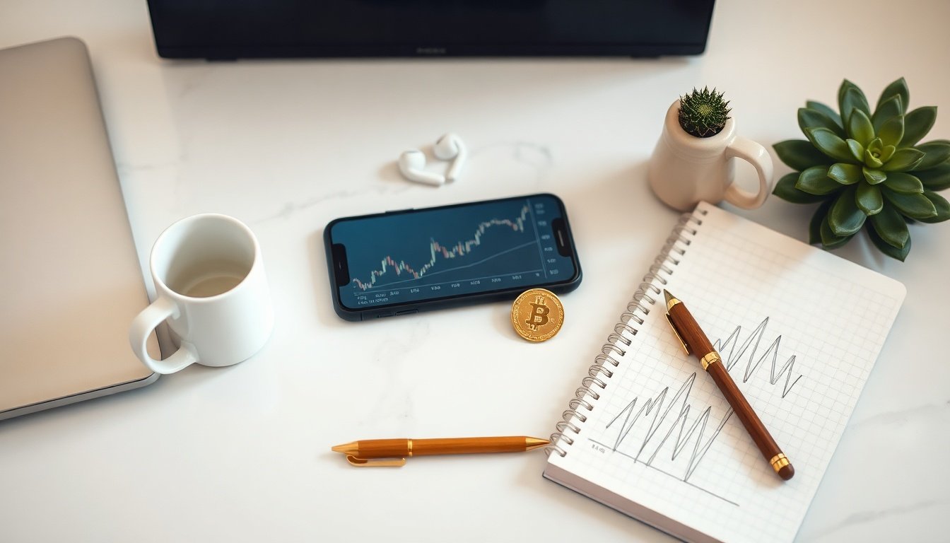 가상화폐 - flat lay of smartphone showing bitcoin price chart, physical gold coin and notebook on white desk, cryptocurrency investment concept