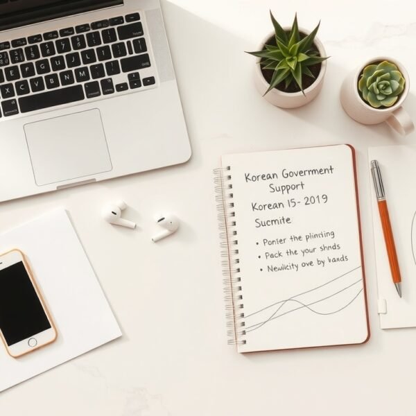 청년 지원금 - flat lay of Korean government support documents, smartphone, and notebook on white desk, youth support fund concept
